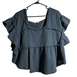 Millibon USA Dark Gray Gauze Square Neck Tiered Ruffle Sleeve Top Womens L